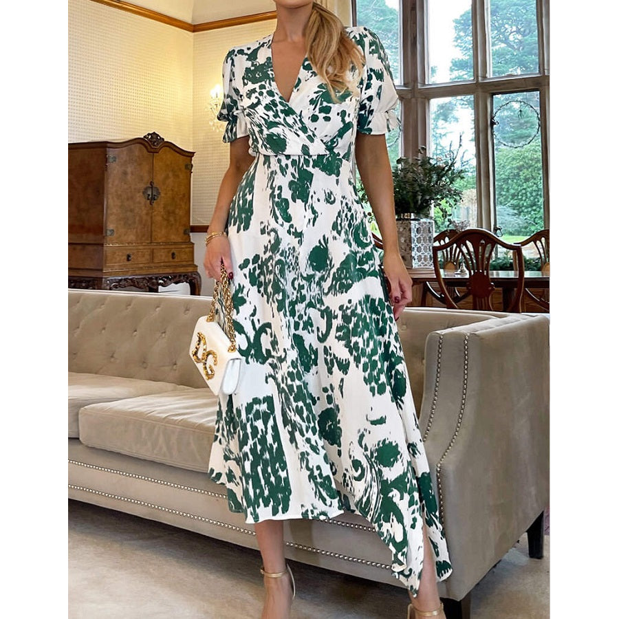 Green And Cream Printed Short Sleeve Wrap Over Midi Dress by AX Paris – H  Mcilroy London