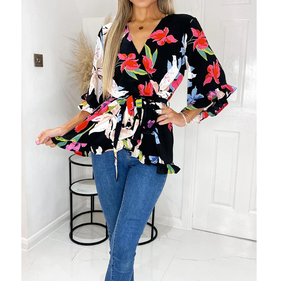 Multi Floral Printed Frill Hem Wrap Top