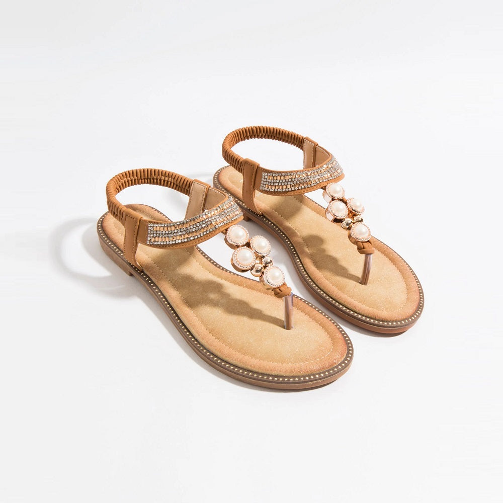 Tan Pearl Embellished Toe Post Sandal with Elasticated Strap