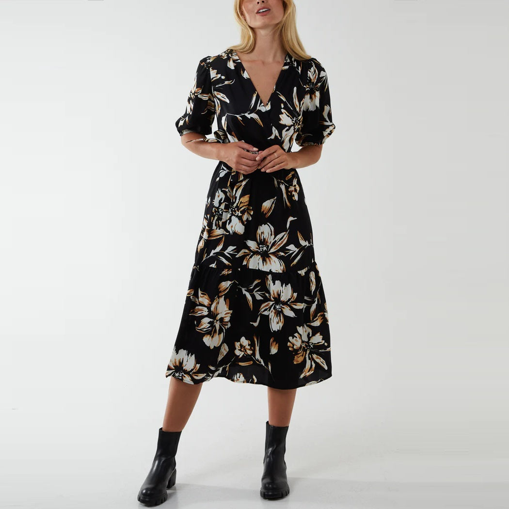 Wrap Front Large Floral Midi Dress Black by H Mcilroy London