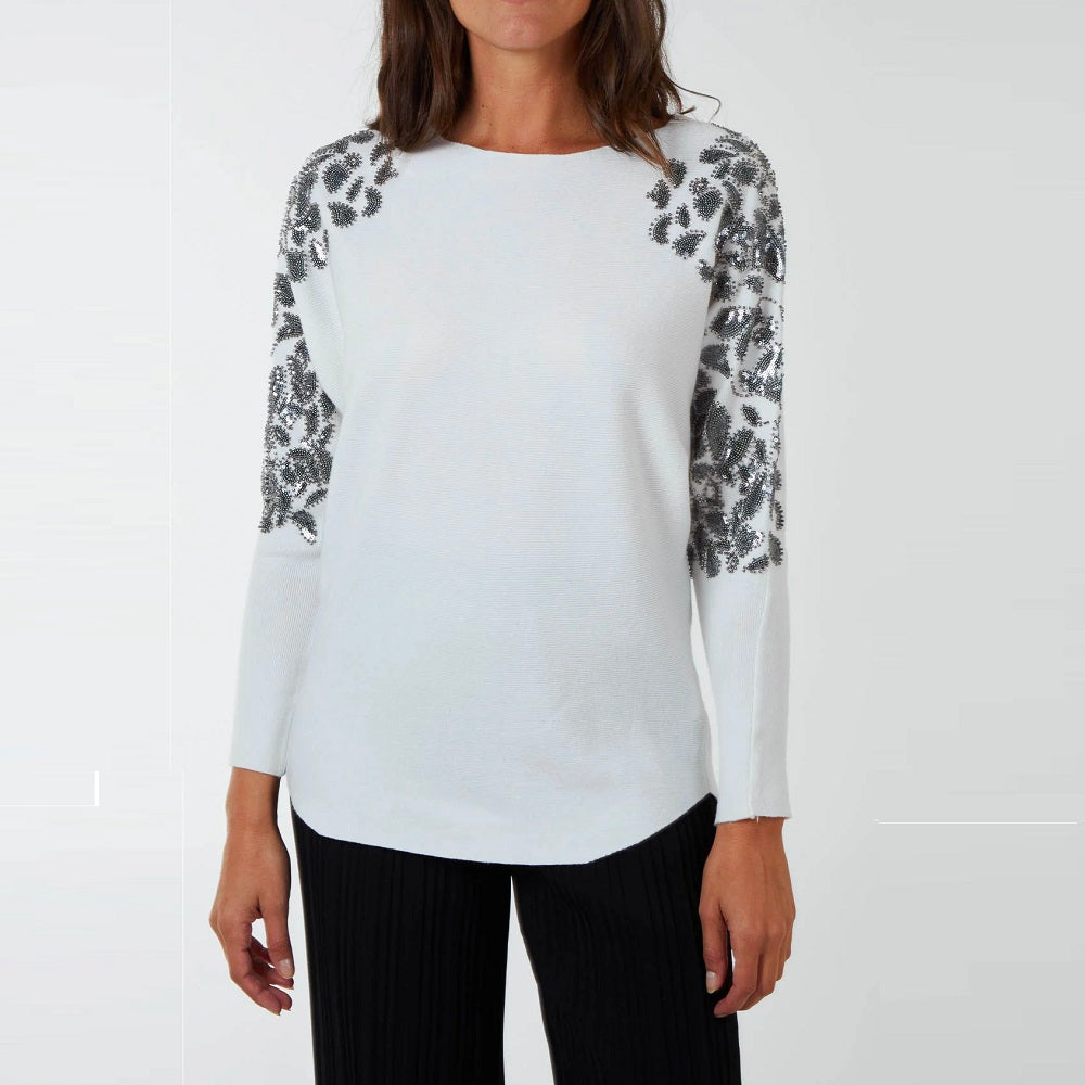 Sequin Shoulder Fine Knit Jumper