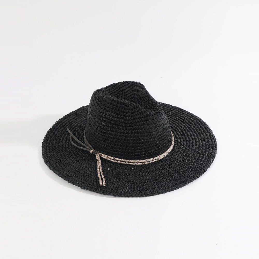 Black Paper Straw Fedora Hat with Embellished Band