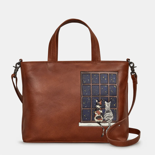 YOSHI Midnight Cats Brown Leather Multiway Grab Bag