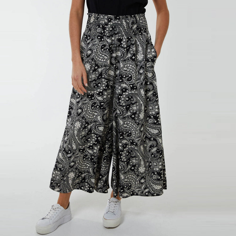 Wide Leg Paisley Trousers in Black