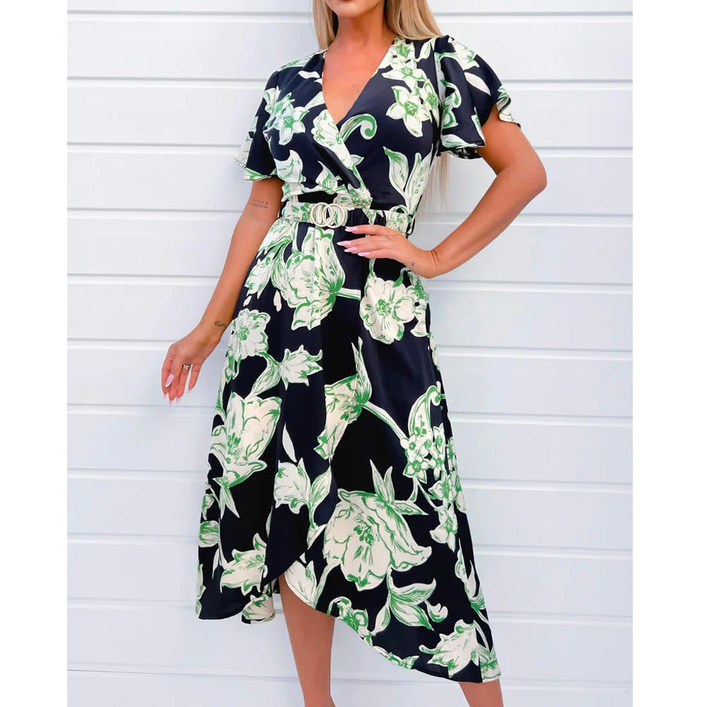 Multi Green And Black Floral Printed Short Sleeve Belted Wrap Midi Dress