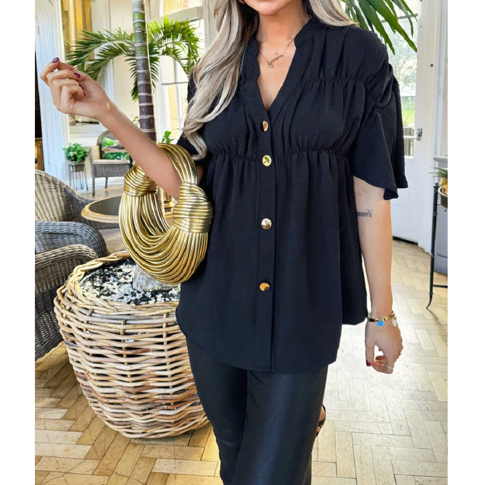 Black Button Up Ruched Detail Smock V-Neck Top