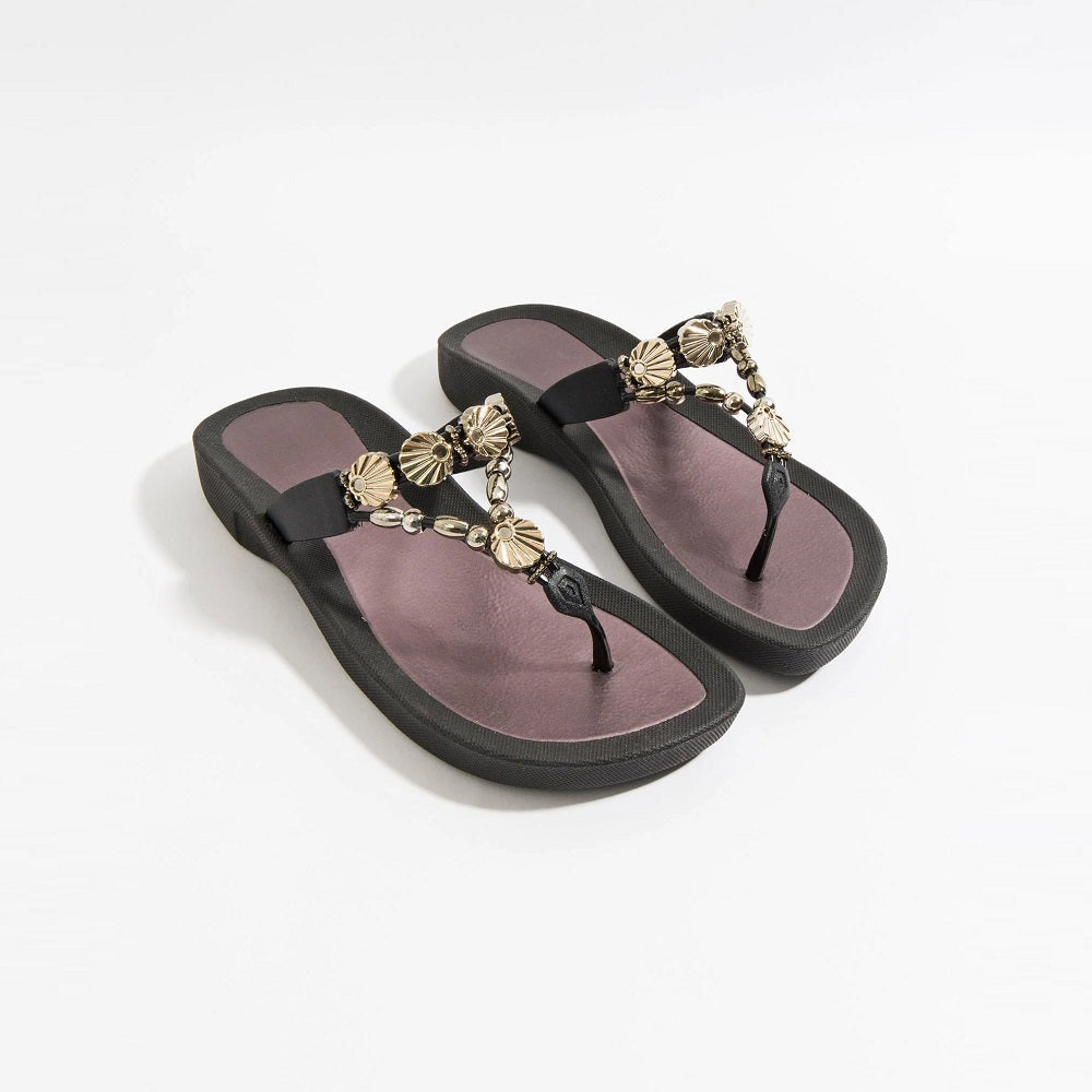 Black Wedged Embellished Sandal with Non-Slip Sole and Padded Insole