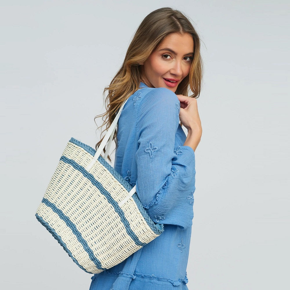 Blue and White Striped Straw Tote Bag with Zip Closure