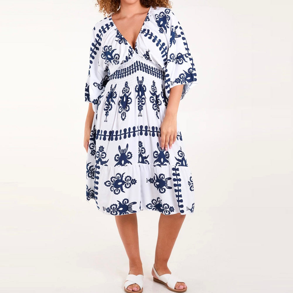 Tribal Symbols Printed Shirred Midi Dress